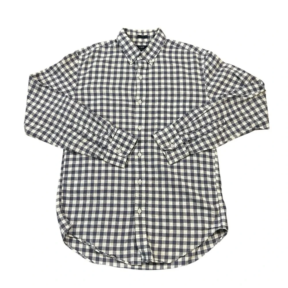 J‎ Crew Linen Cotton Blue Plaid Slim Long Sleeve Button Shirt Mens Medium